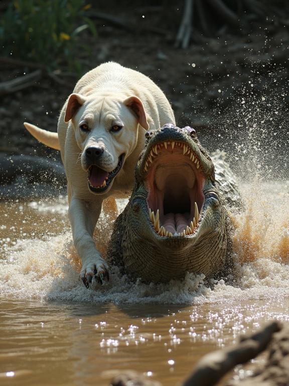 A hyper-realistic action scene at a muddy river. A Dogo Argentino with tense muscles confronts a large reptile. The reptile lunges with jaws open, water splashing. The dog is mid-leap, growling. Background shows the riverbank with mud and branches. Dramatic lighting highlights the intensity of the fight. High detail, photorealistic in style.