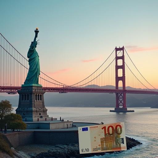 Photorealistic landscape featuring Statue of Liberty and Golden Gate Bridge with a 100 Euro banknote in the foreground.