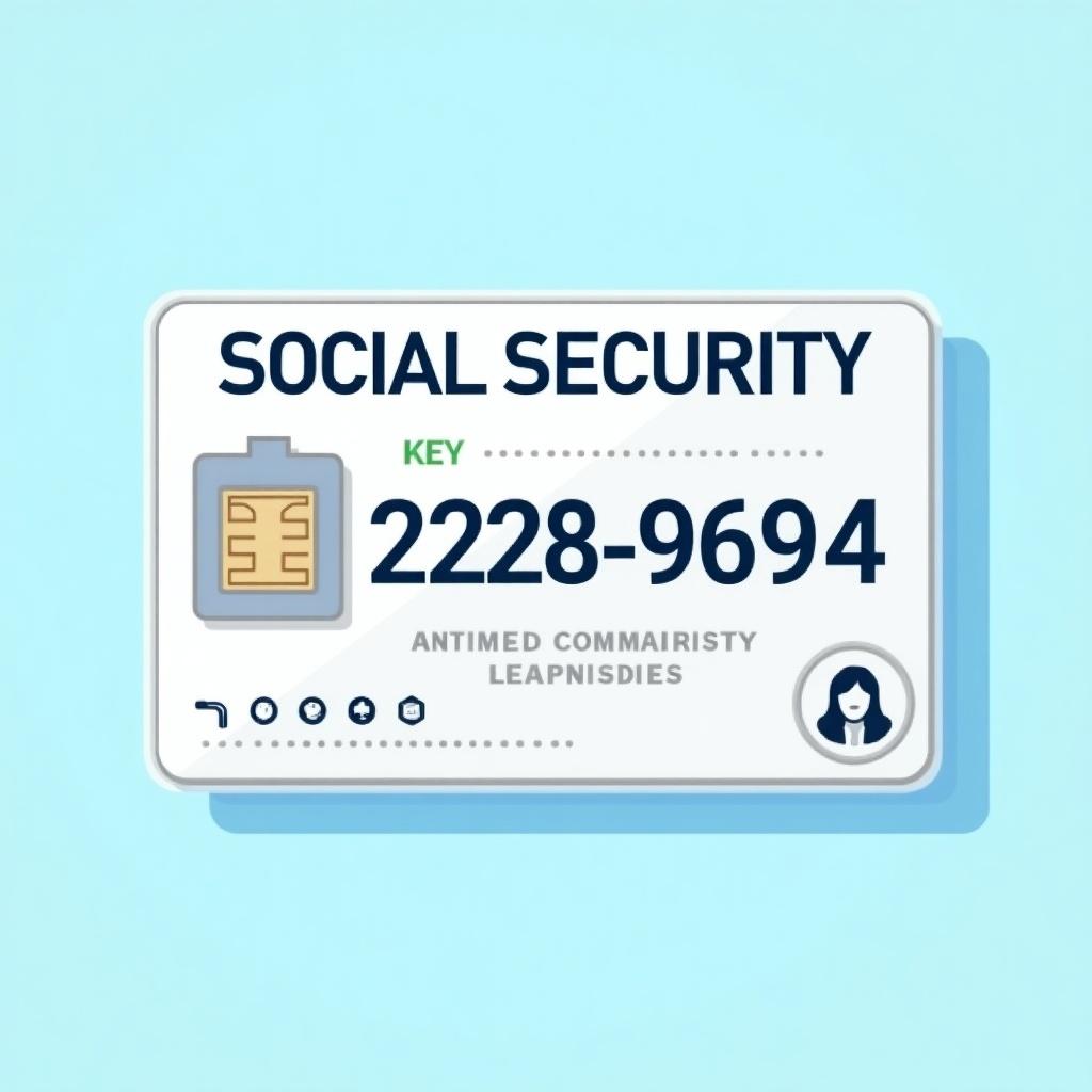 Depiction of a generic social security card with the text 'SOCIAL SECURITY'. Key numbers displayed as '222-9694'. Card features a graphic chip. Decorative elements indicate official nature. Background is soft blue. Design is professional and clean.