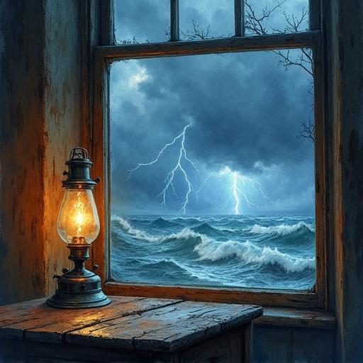 Inside an old lighthouse during a storm. View from cracked glass panes. Thunderclouds swirl outside. Waves crash below. Lightning illuminates the sea. Flickering oil lamp on a weathered wooden table. Watercolor style. Wind and tension in every detail.