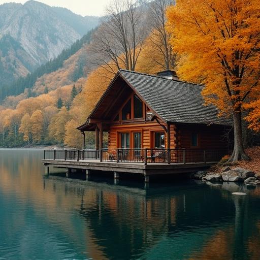 Wooden lakeside cabin surrounded by glowing foliage and still water