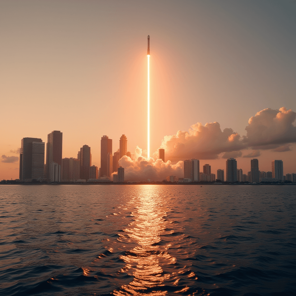 A rocket launches into the sky above a city skyline at sunset, reflecting on the water below.