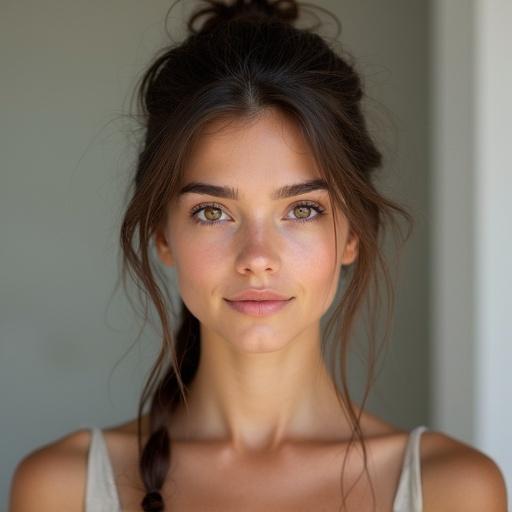 Photo of a teenage girl with dark brown hair in a ponytail. She has tanned skin and dark brown eyes. The image captures her natural beauty with full eyebrows.