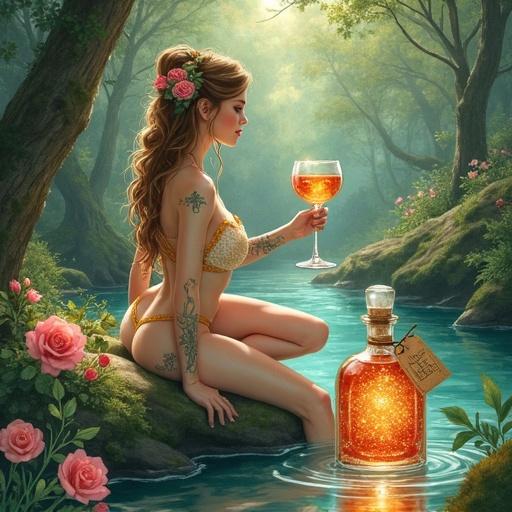 A watercolor painting depicts a woodland goddess with delicate tattoos. She reclines in a grotto and holds a sparkling glass of elixir. A lower apothecary-style bottle filled with glowing liquid is on a stone. It has a cork lid and an elegant tag saying 'ALFRUNO'. Another glass beside it is also filled with the liquid. Surrounding flowers and herbs enhance the scene. The overall feel is tranquil and magical in a style reminiscent of Mucha and WLOP.