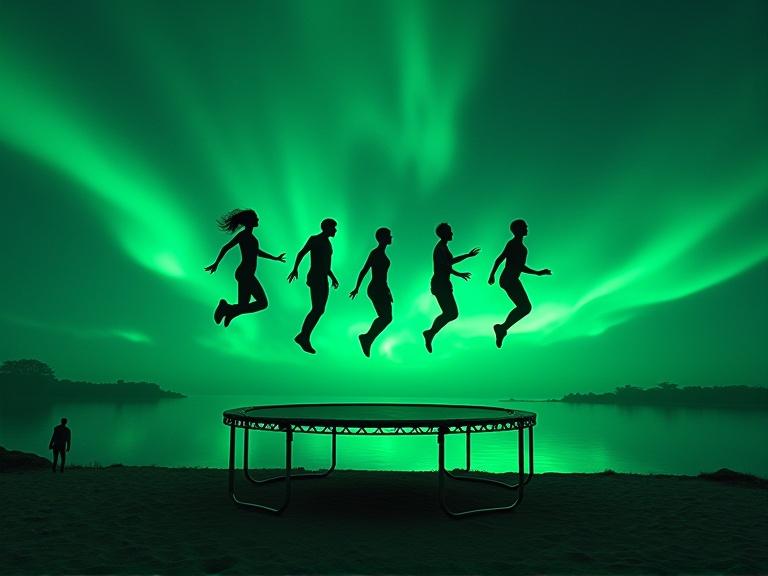 Art depicting silhouetted figures jumping above a trampoline at night. The scene features vibrant neon green lighting illuminating swirling clouds and reflections in water. The atmosphere is surreal and dreamlike, evoking mystery and whimsy.