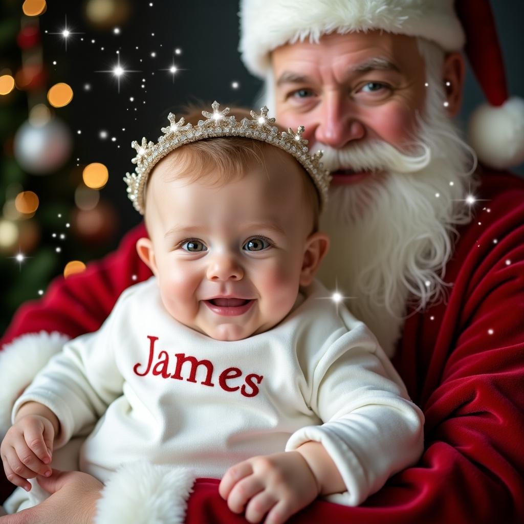 The image features a joyful baby boy named James, sitting on Santa's lap. He has a big smile and is wearing a cozy white outfit with his name embroidered in red. Santa, with his fluffy white beard and red suit, is smiling broadly at the camera. Soft, twinkling lights create a magical background. This scene captures the essence of Christmas joy, making it a perfect holiday moment.