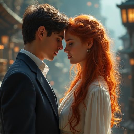 A young man admires a young red-haired woman in a fantasy world. Background filled with mystical elements and soft colors. The moment captures love and wonder.