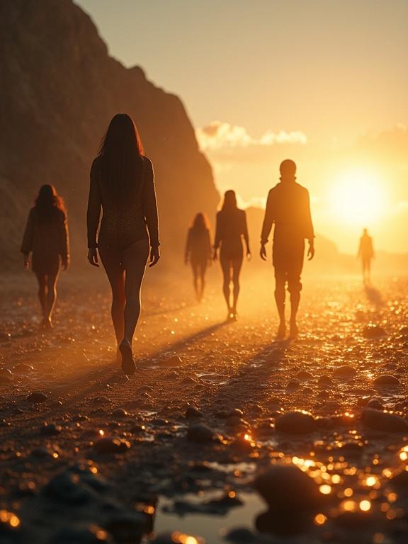 Hyperrealistic photograph of a surreal dreamland landscape at magic hour. Elongated abstract figures move with flowing motion via long exposure. Dramatic low-angle light creates long shadows on a textured ground with small glistening objects. Volumetric god rays pierce atmospheric haze illuminating particles. Intricate caustics shimmer on surfaces. Perspective shift reminiscent of dolly zoom effect distorts depth subtly. Stark lighting creates high-contrast scenes. Ultra-detailed textures rendered with focus where motion blur is absent. Rich color palette with warm golden and deep cool tones. Award-winning photography masterpiece.