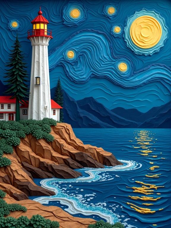 Origami multi-layered paper folds in a seaside scene with a lighthouse illuminated by the moon. A textured paper art representation of a deep blue ocean with layered rocks. A starry sky in the style of Vincent Van Gogh reflects on the water. Dramatic metallic colors create visual depth. Trees stand beside the lighthouse. Art showcases intricate details and handcrafted uniqueness.