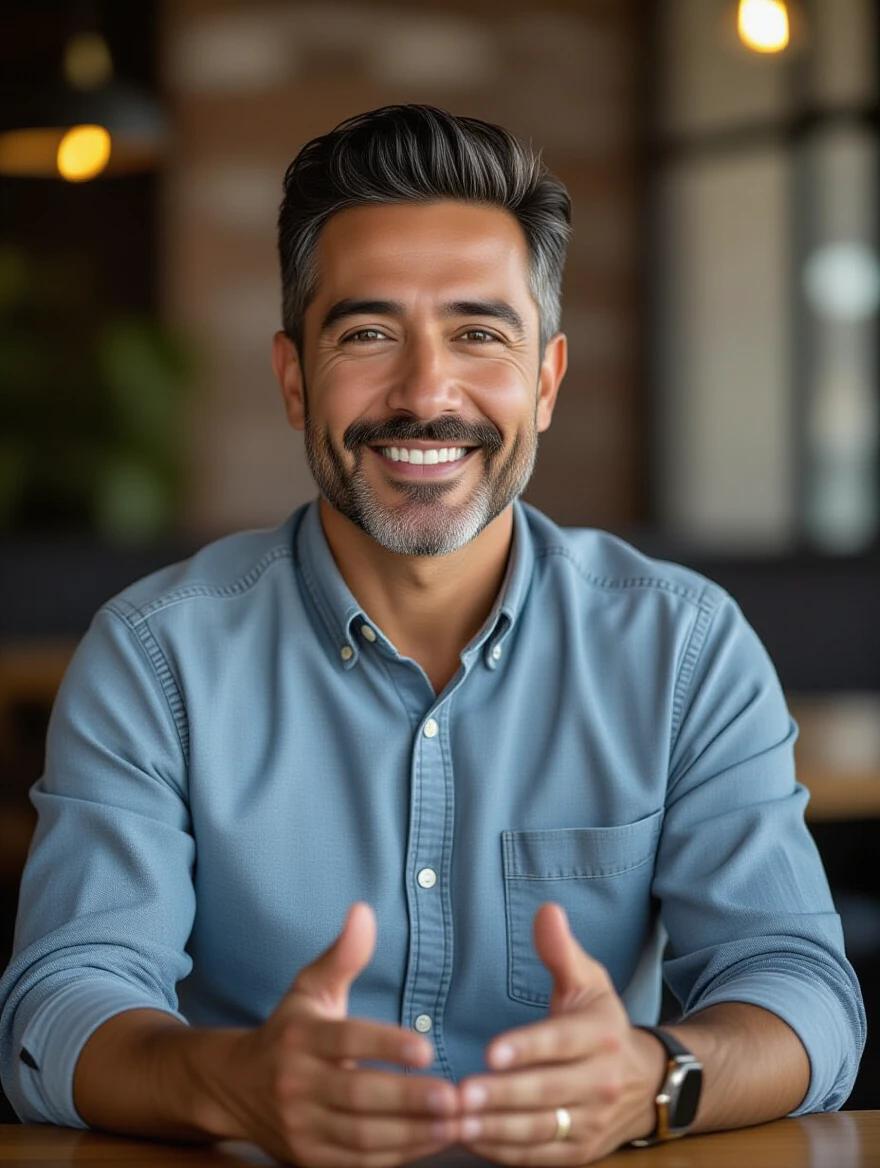 Half-length portrait of a man facing front. Man shows hands. He wears casual office clothes. He appears friendly and confident. Background has a casual business ambiance.