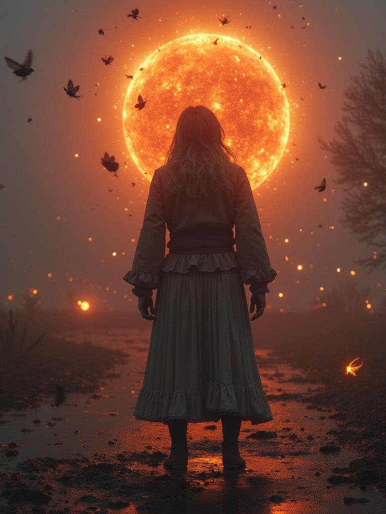 A woman stands with her back to the viewer. A giant glowing sun fills the sky. Birds fly in the dark landscape. Leaves and lights float softly around her. The atmosphere is misty and surreal. The scene evokes a magical and mystical feeling.