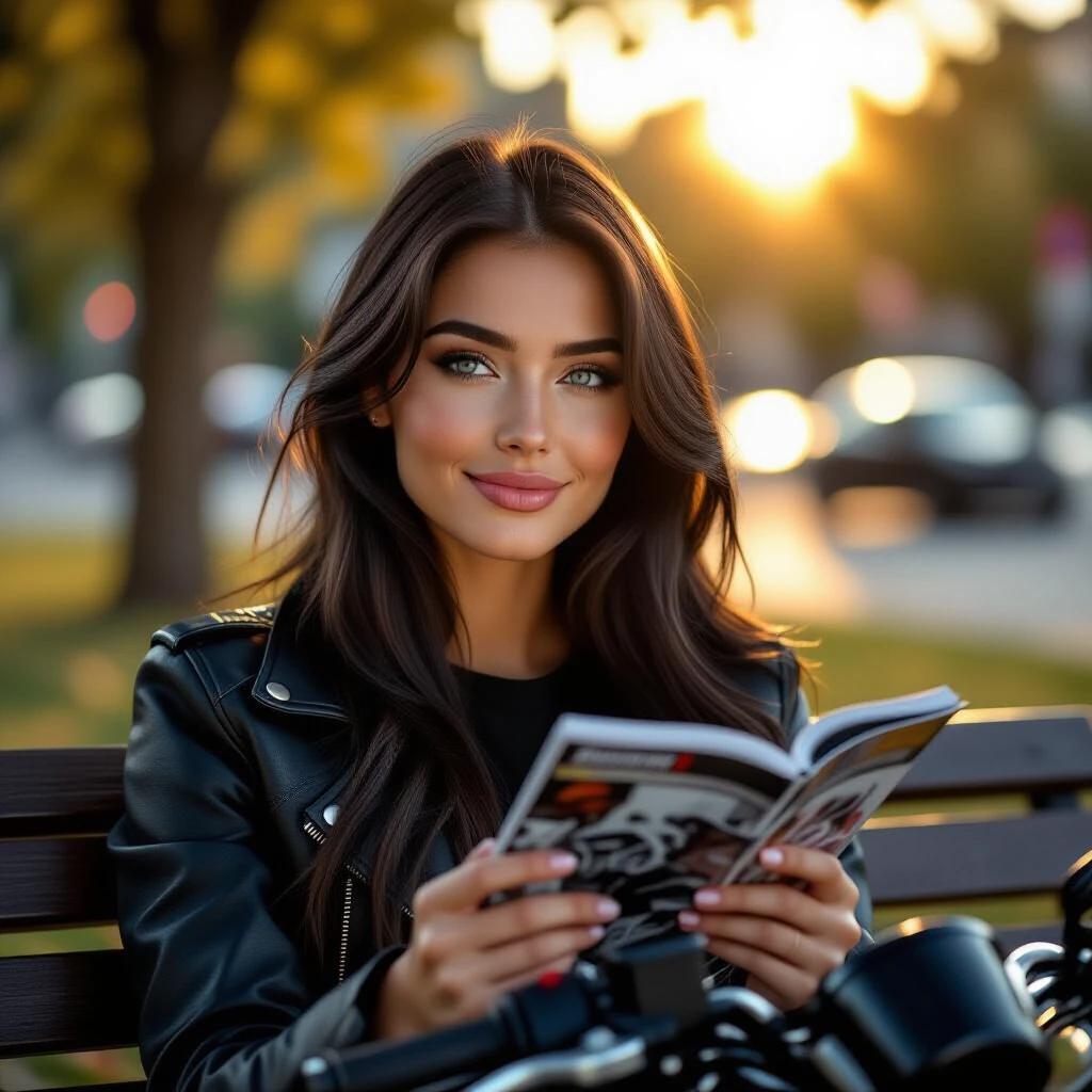 A beautiful young woman sits on a bench. She has long black hair. She holds a motorcycle magazine. Golden hour lighting illuminates her face. In the background, a city park is visible. The atmosphere is peaceful and aspirational.