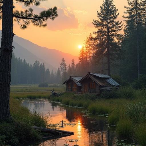 Landscape nature scene at sunrise with wooden huts near a lake surrounded by mountains and pine forests. Calm spring water reflects the colors of the sky. Vintage feel.