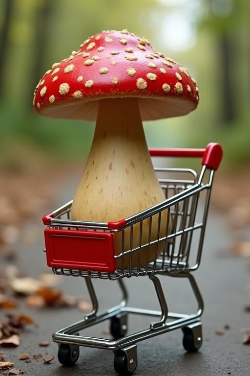 Mushroom inside a shopping trolley with a unique haircut. Bright red mushroom with spots. Background shows a blurred pathway in nature.