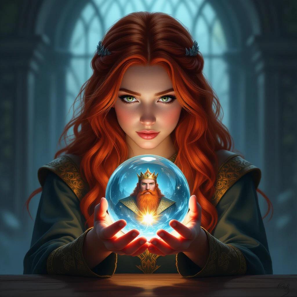 A character holds a glowing crystal ball. The scene is set in a medieval fantasy context. The girl exhibits intense focus as she peers into the crystal. The background suggests a magical environment. The glow from the ball casts light on her features.