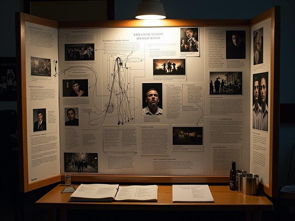 The image showcases a crime investigation board set up in a dimly lit room. The board is filled with photographs of various individuals, connected by lines to illustrate relationships or key evidence. Each panel contains detailed descriptions of the subjects, evoking a sense of mystery. A few items like books and a bottle are placed in front of the board, suggesting ongoing research. Soft lighting creates an intense atmosphere, leading viewers to wonder about the criminal narrative depicted.