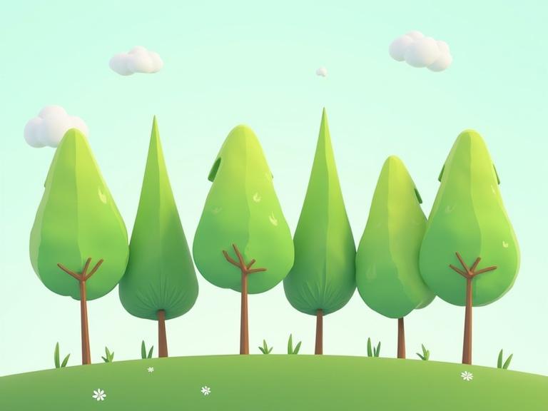 Animation of seven green trees swaying quickly. Trees are in a semi-realist cartoon style with a light blue background. The design is playful and colorful, set on a green hill.