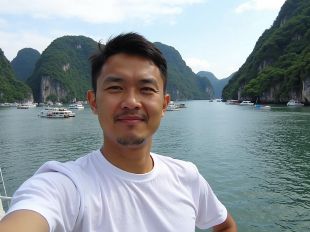 The image shows a person taking a selfie on a boat, with a beautiful landscape in the background. The water appears calm with several boats scattered throughout. Surrounding the water are tall, lush green hills and rocky formations. The sky is clear with some clouds, indicating a pleasant day. The individual is wearing a plain white shirt and is positioned in front of the camera to capture the view.