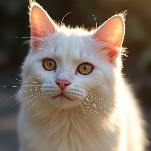 Close-up of a white cat with golden eyes. The cat looks directly at the camera. Soft natural light illuminates the fur. The background is softly blurred.