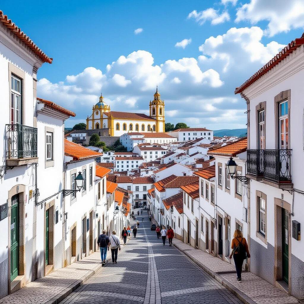 A picturesque view of the city of Benavente. Bright blue sky with fluffy clouds. White houses with red roofs line the cobblestone street. Church towers in the background. People walking along the street.