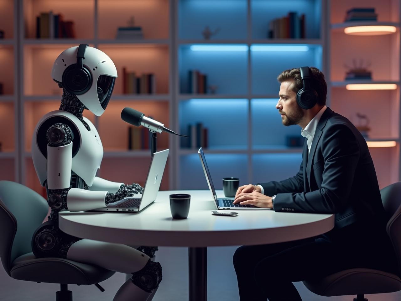 The image shows a futuristic podcast recording setup. There is a humanoid robot on one side of a round table, equipped with headphones and a microphone in front of it. The robot has an articulated arm and is interacting with a laptop. Across the table, a person in a suit is also using a laptop, wearing headphones. Both figures are positioned in a modern, stylish room with ambient lighting and shelves that contain books. There are two mugs on the table, indicating that they might be having a conversation or discussion. The overall atmosphere suggests a professional and technological vibe.