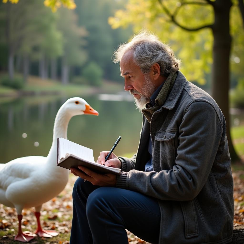 A man sits peacefully by a lake in a beautiful park, writing in his notebook. Beside him is a curious goose, adding to the serene atmosphere. The scene is surrounded by the warm hues of autumn foliage, with soft sunlight filtering through the trees. The man appears focused yet relaxed, absorbed in his writing. This picturesque moment captures the harmony between nature and creativity.