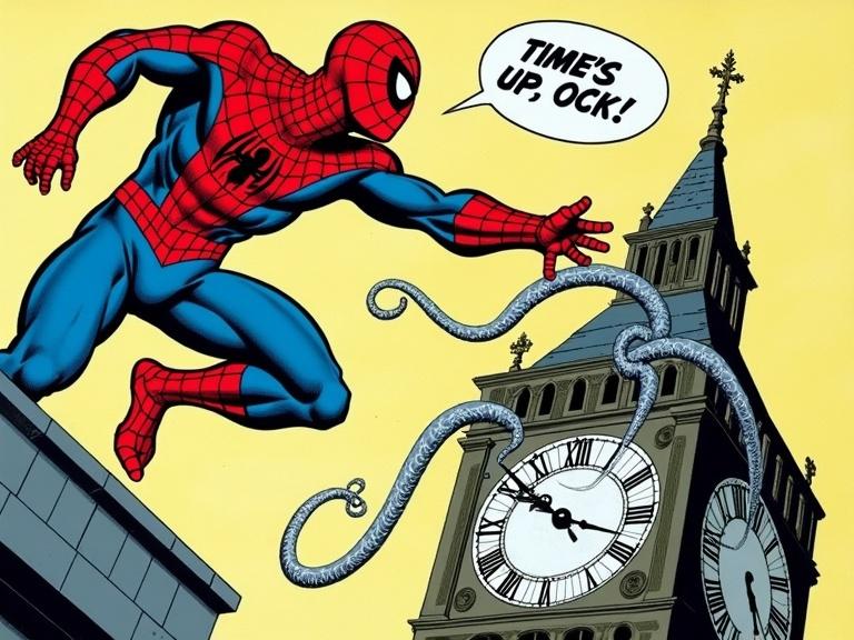 Classic comic book panel features Spider-Man battling Doctor Octopus at a clock tower. Spider-Man in red and blue suit leaps over silver tentacle. He exclaims 'Time's up, Ock!'. Dr. Octopus on a ledge laughs maniacally. Art style of Steve Ditko and John Romita Sr. Bold black lines and flat primary colors. Pulp paper texture visible. Signed by Stan Lee and Steve Ditko in the corner.