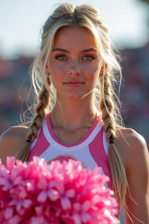 Woman with long blonde hair in two side ponytails. Intense blue eyes. Dressed in a pink and white cheerleader uniform. Holding pink pom poms. Cheering at a rodeo event.