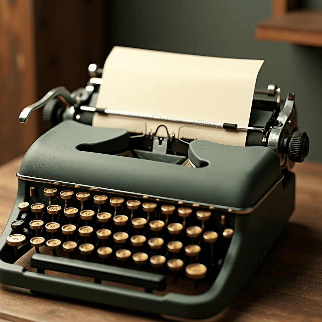 A classic green typewriter sits ready with a blank page on a wooden desk.