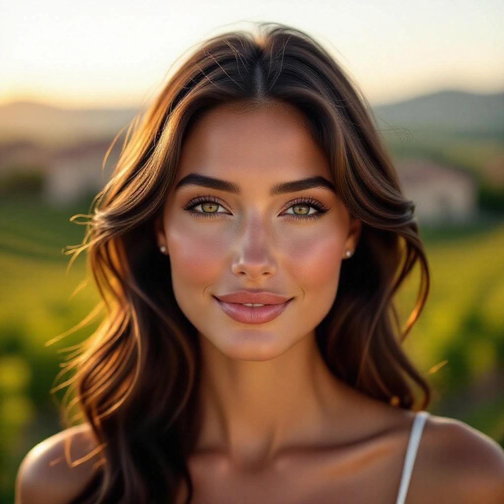 Close-up portrait of a beautiful woman smiling at the camera. Long brunette hair in soft waves. Skin glowing naturally in warm sunset light. Background blurred countryside with stone buildings and vineyards. High-resolution shot with detailed features.