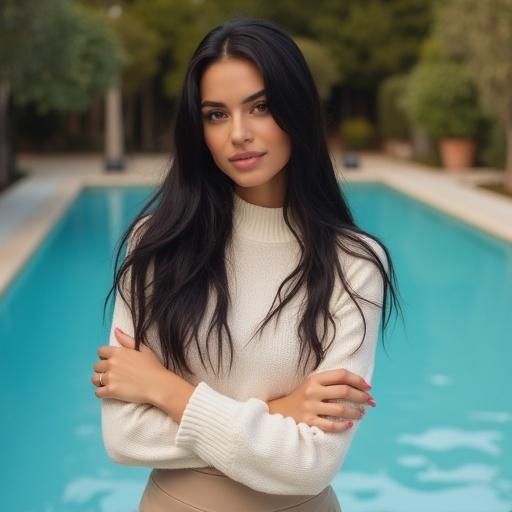 Beautiful woman near swimming pool. Long black hair and pale smooth skin. Wearing cozy off-white sweater and high-waisted flared leggings. Soft smile with almond-shaped dark eyes. Shallow depth of field creates focus. Golden hour lighting enhances the elegant atmosphere.