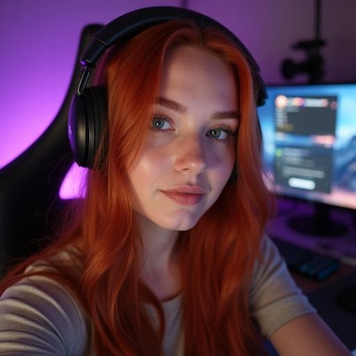 A young woman with beautiful red hair takes a selfie while sitting at her computer. She wears headphones and streams on Twitch. The background features a computer with a gaming setup and ambient lighting.