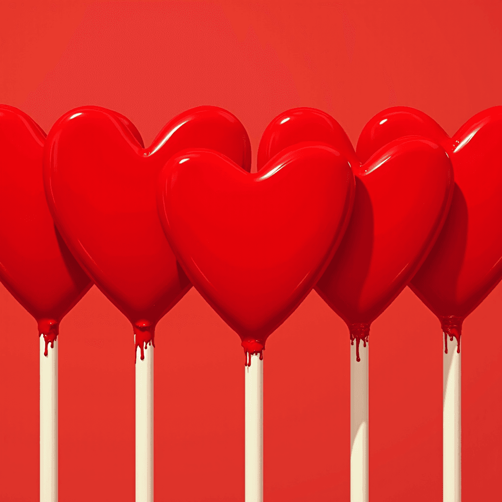 A row of glossy red heart-shaped lollipops set against a matching red background.