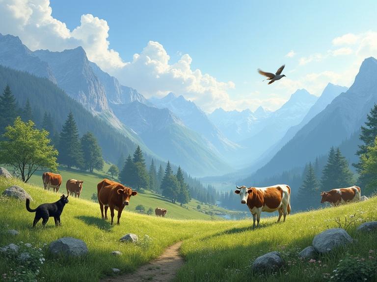 A beautiful mountainous landscape featuring cows in a lush meadow. A dove flies in the top right corner. A cat is present near the cows looking serene in the scene.