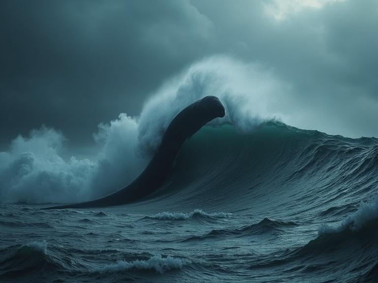 Dark cinematic scene depicting a large, realistic eel-like sea creature rising from the ocean. Huge waves crash while mist and water fall. The atmosphere is stormy, with strong winds, clouds, and a dark grey filter, enhancing the realism and dramatic effect.