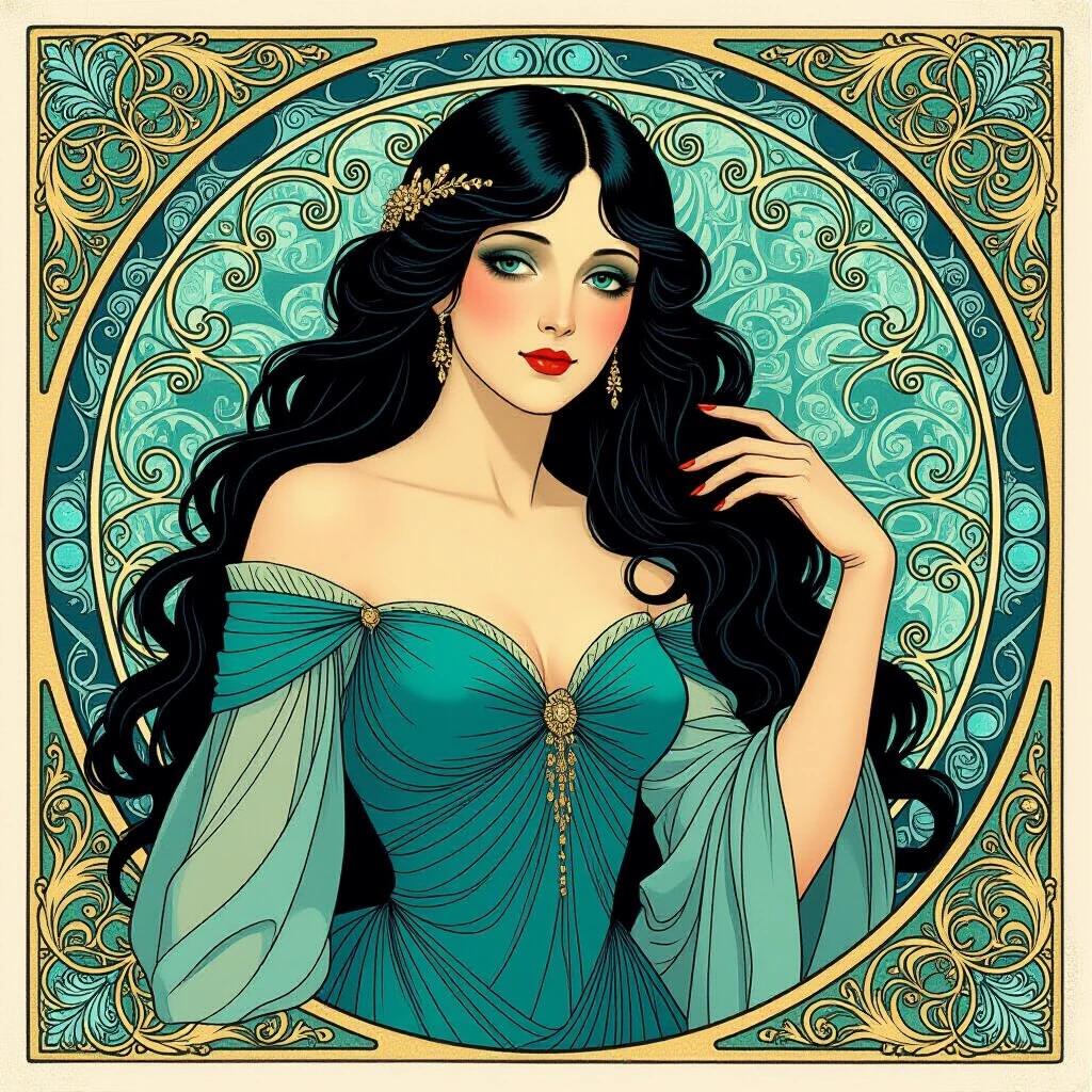 An art nouveau card featuring a beautiful woman with black hair. She wears an ornate Cerulean formal gown. The gown has flowing drapes and intricate designs. The background is rich with swirling patterns in shades of Cerulean and cream. The character gives off a mysterious vibe. The overall tone is elegant with vintage aesthetics.