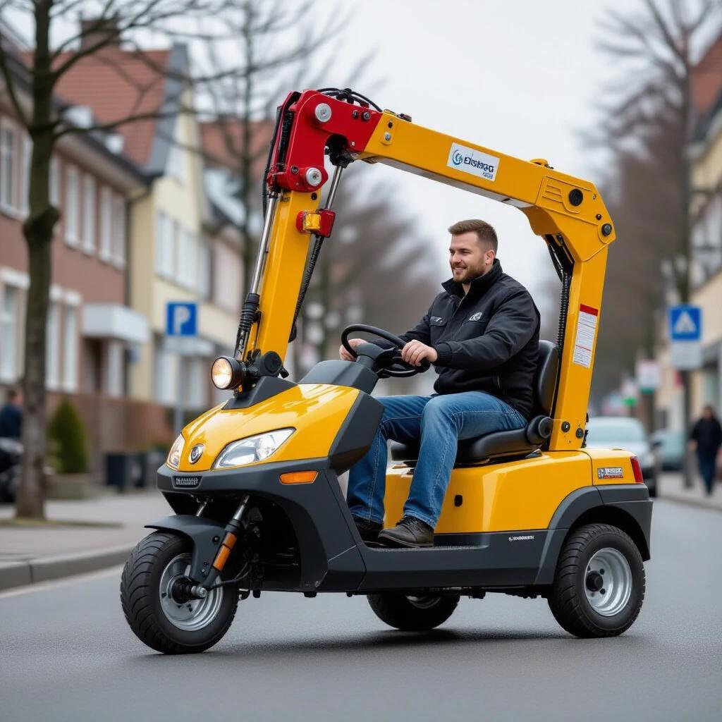 A compact utility vehicle features a crane arm. A person is driving the vehicle on a city street. Trees and buildings are visible in the background. The scene has a modern urban feel.