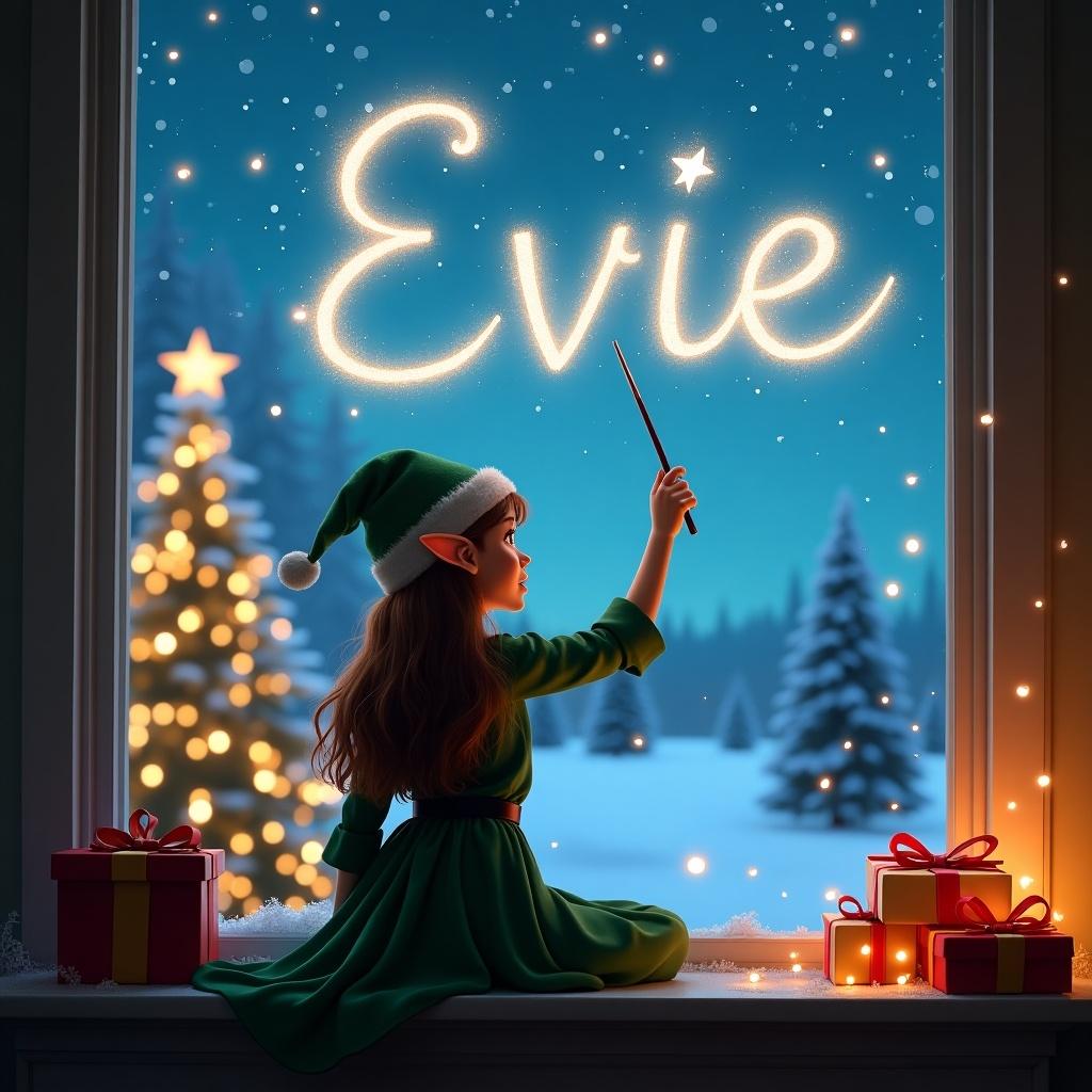 Elf on the shelf with back facing viewer. Elf with green dress and hat writing Evie in sky with magic wand. Magical Christmas scene with northern lights, Christmas tree, and presents in background.