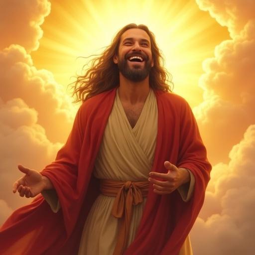 A joyful figure stands with open arms. The figure has long hair and a beard. Dressed in red and beige robes, set against a radiant golden background. Clouds are present beneath, contributing to a warm atmosphere.