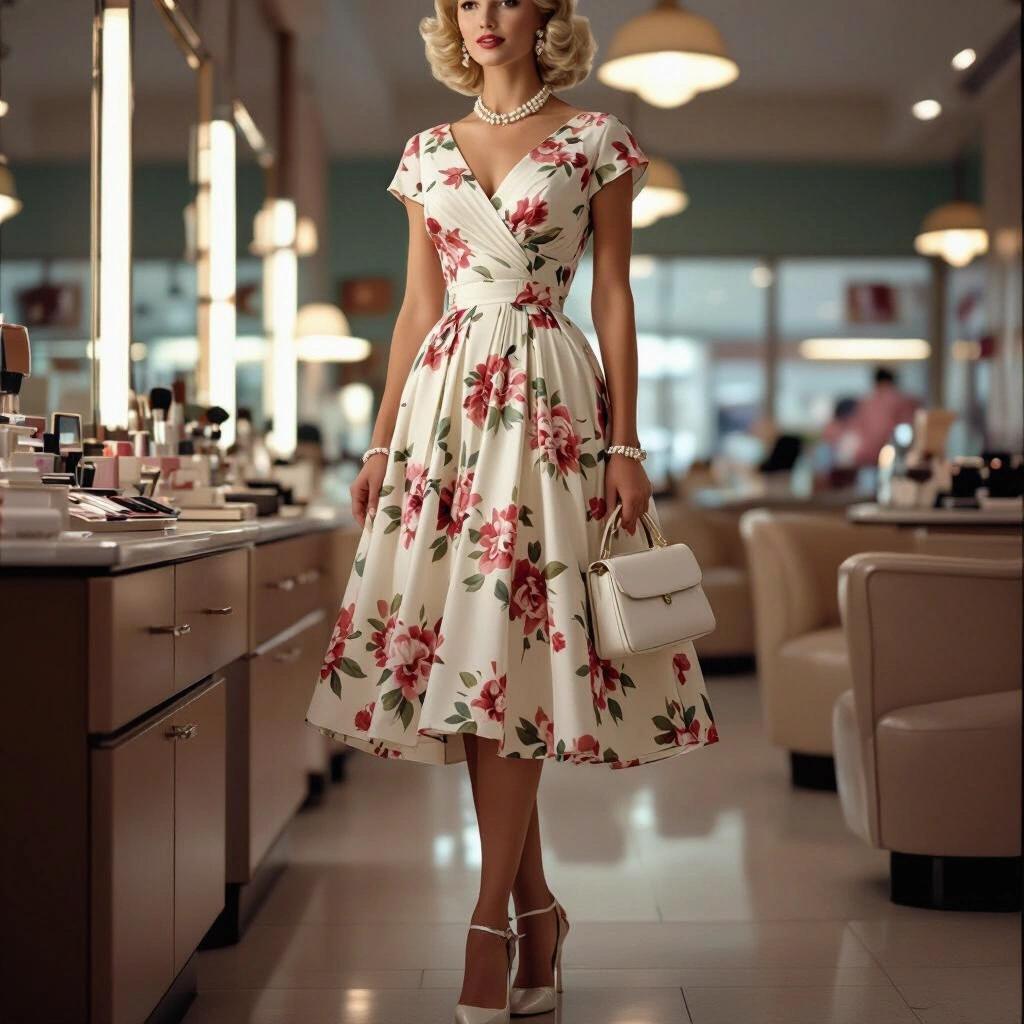 Side view of a woman standing in an elegant ivory floral chiffon dress with platinum blonde hair. She wears pearl jewelry and high heels. Holding a white purse. Setting in a makeup boutique with soft lighting. Scene captures mid-century sophistication and leisure.