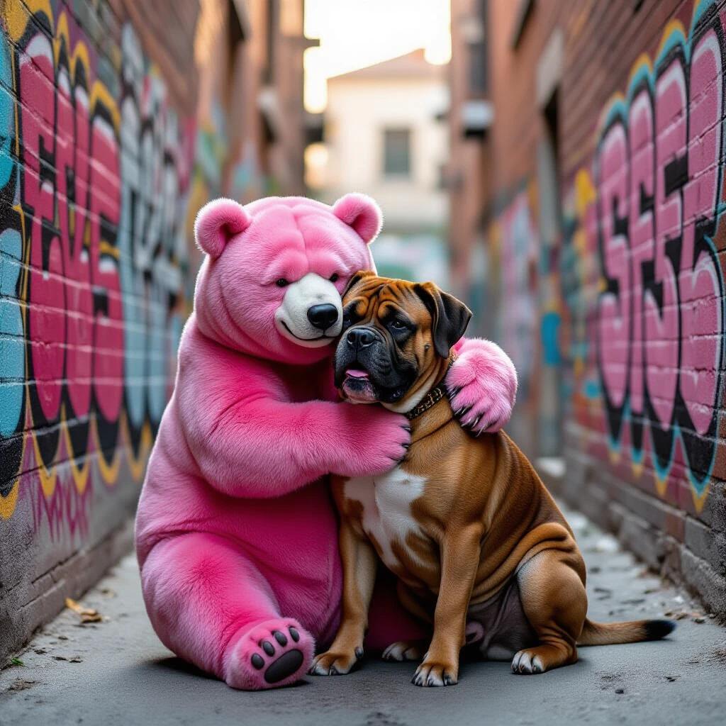 Pink bear hugs a Neapolitan Mastiff in a graffiti-covered alleyway. Bright daylight illuminates the scene. Urban setting enhances the playful atmosphere. Cute and friendly appearance of animals highlights companionship.