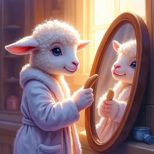 A high-resolution vertical watercolor painting showcasing a cute lamb with fluffy white wool and blue eyes. The lamb is wearing an oversized bathrobe while brushing its wool in front of a vintage wooden mirror. The scene features warm wooden walls and sunlight streaming in, creating a magical atmosphere with purple and golden hues.