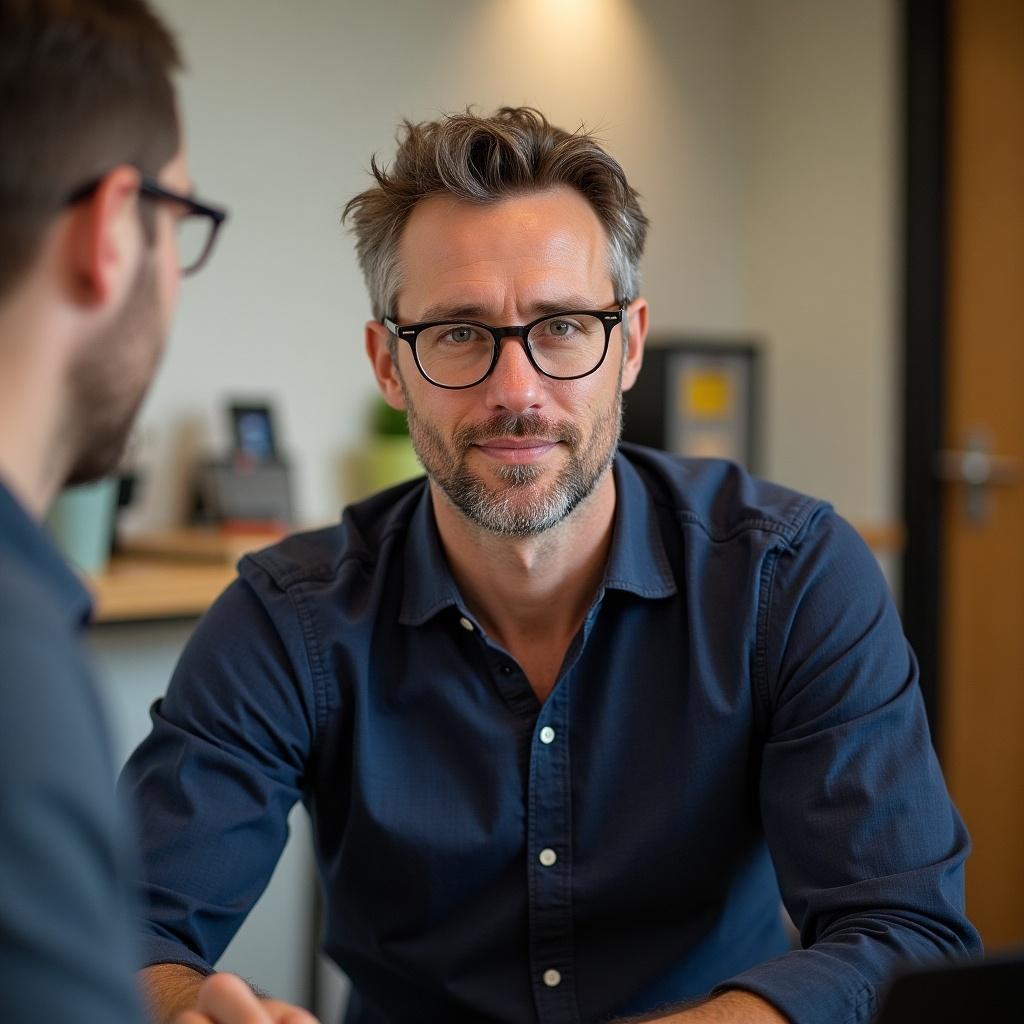 Image of a business professional in a modern office. Person is wearing a blue shirt. Soft lighting creates a warm atmosphere. Focus on individual engaged in conversation.