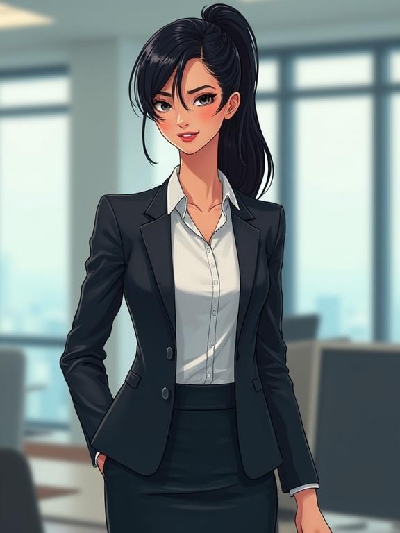 Upper body portrait of a young adult female. Lean build with sharp features. Dark eyes and perfect teeth showcased. Hair in a jet-black ponytail. Wearing a dark business suit and a crisp white blouse. Knee-length pencil skirt accentuates professional look. Background features an office setting.