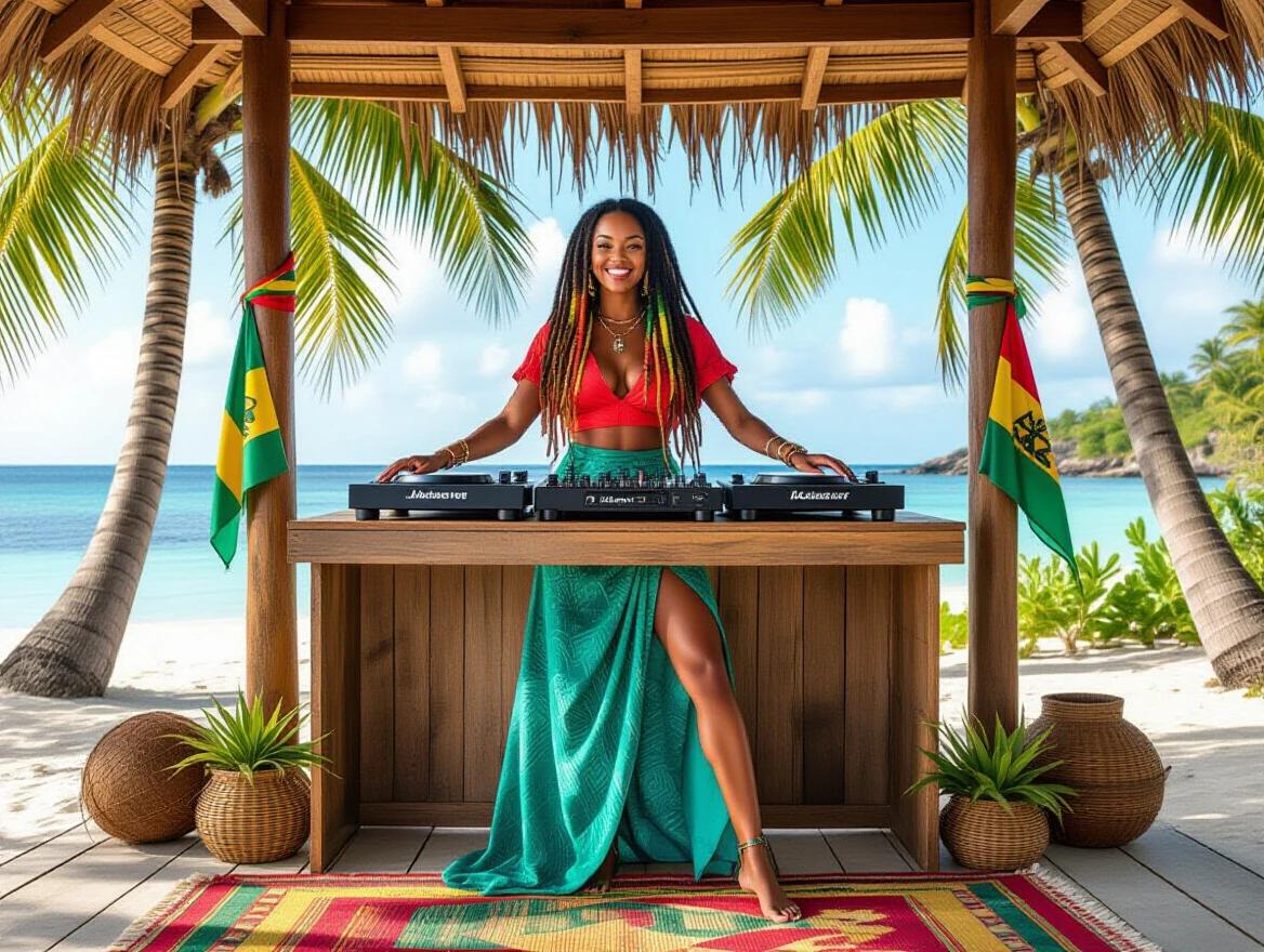 DJ under coconut palms operating vintage turntables at beach. She wears a coral blouse and teal wrap skirt with high slit. Strong muscular legs are flexed. Surrounding elements include coconuts, cannabis plants, handwoven rugs, and rasta flags. Natural sunlight creates dappled light effect.