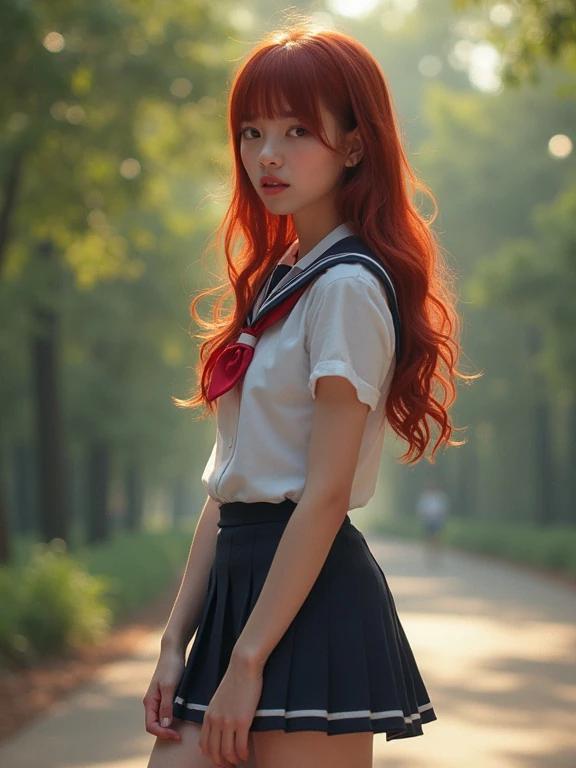 A beautiful teen wearing a schoolgirl uniform featuring a white shirt and mini skirt. The hair is dark red and flows softly. She stands on a path surrounded by greenery. The image has a low resolution and appears pixelated with bright colors.