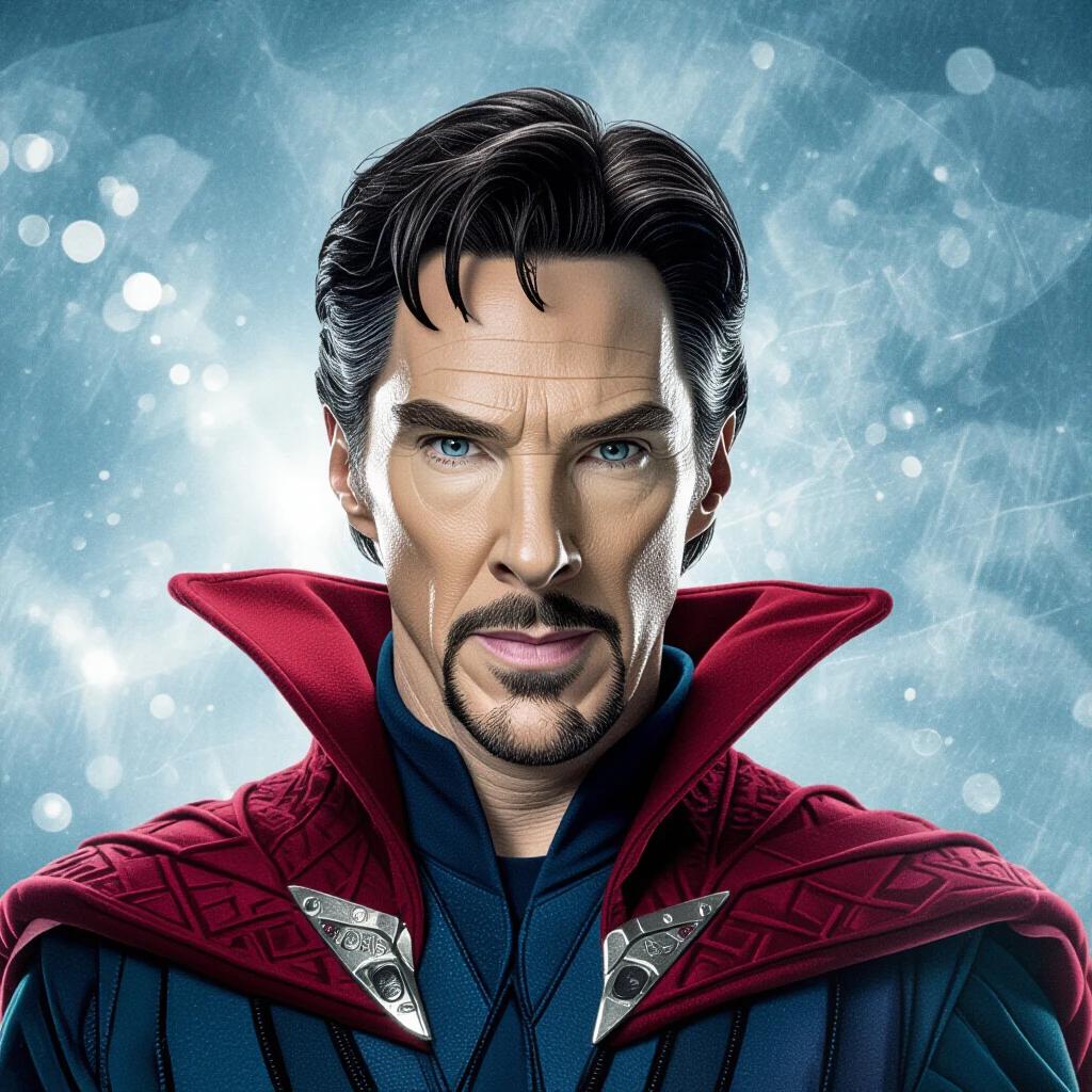 Portrait of Dr. Strange. The character stands prominently with a confident expression. The outfit includes a dark blue costume and a red cape. Background features a mystical theme with light effects.