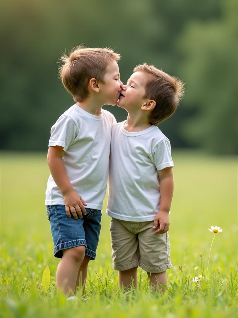 Scene portrays two boys affectionately sharing a kiss in a lush green field. The boys are cheerful and playful with neatly styled hair. Summer casual clothing is worn. Bright and joyful setting enhances the atmosphere of innocence.