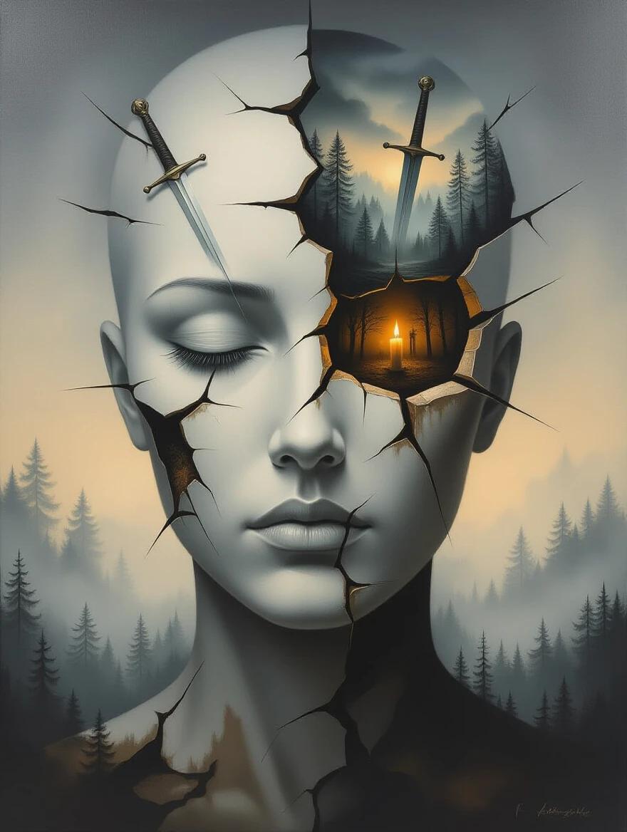 Surreal symbolic composition of a human face fractured like porcelain. Jagged cracks reveal glimpses of swords, foggy forests, and flickering candlelight. Expression is stoic and unreadable. Background features an abstract battlefield fading into mist. Muted tones of gray, ochre, and midnight blue with chiaroscuro lighting. Oil painting texture.