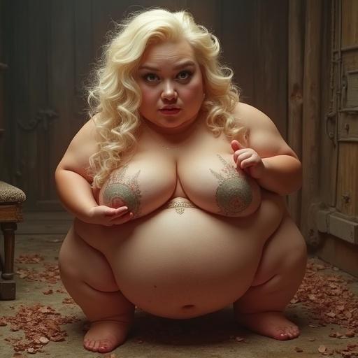 Plump woman posed in a relaxed environment. The indoor setting has fallen leaves scattered on the floor. She sits in a casual position, illustrating comfort and confidence in her body.